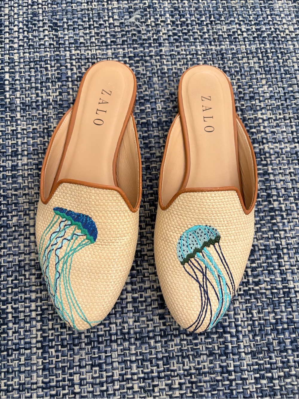 Zalo Cream Slip-On Mules with Blue & Teal Jellyfish Embroidery